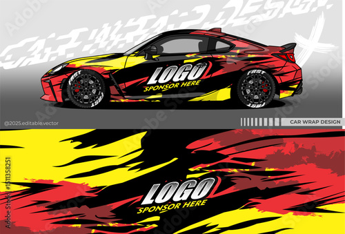 Illustration vector grahic of Car wrap decal with abstract flame design. Black red yellow colour. Livery car editable. Mockup template sticker vinyl for racing, rally, or daily use.