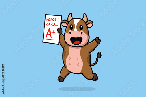 A playful cow pretending a giant ruler is a sword, wearing a paper crown.