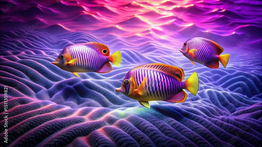 Fototapeta premium Vibrant Marine Life Three Striking Fish Swim Gracefully Over Undulating Ocean Floor at Sunset