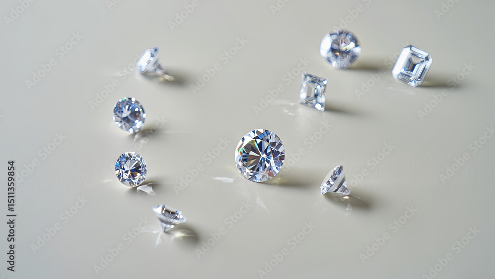 A captivating display of multiple gemstones arranged artistically on a light-colored surface. Each gem features distinct cuts and sparkles under light, showcasing their beauty A captivating display of multiple gemstones arranged artistically on a light-colored surface. Each gem features distinct cuts and sparkles under light, showcasing their beauty
