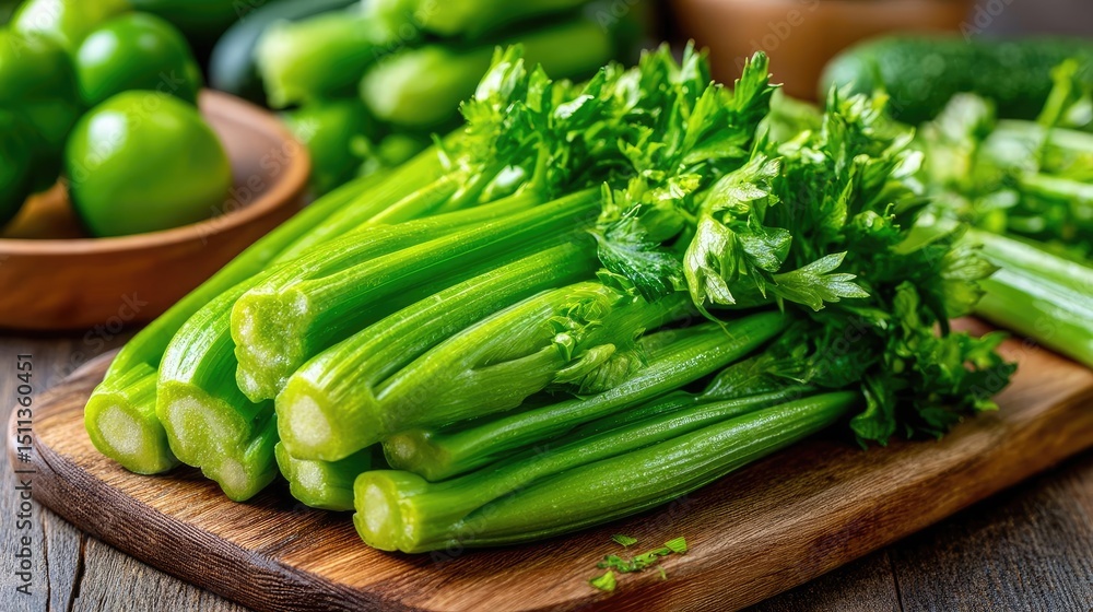 Alkaline foods for uric acid by remedy and metabolism balance concept. Fresh celery sticks arranged on a wooden cutting board. Alkaline foods for uric acid by remedy and metabolism balance concept. Fresh celery sticks arranged on a wooden cutting board.