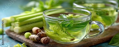 Uric acid cleanse remedy and metabolism control concept. Refreshing herbal tea served in clear glass cups with herbs.