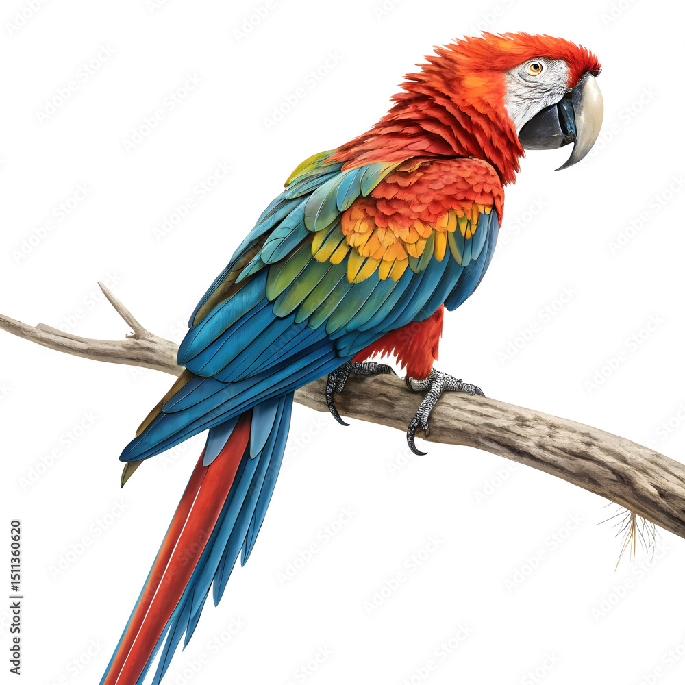 Fototapeta premium A vibrant full-body macaw parrot perched gracefully with colorful feathers and a lively posture.