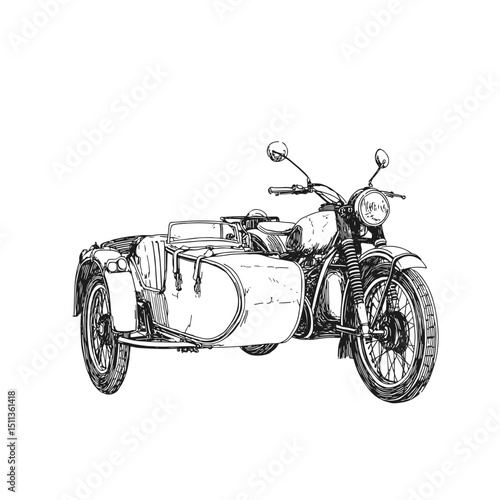 Vintage motorcycle with sidecar vector illustration, capturing classic retro design and nostalgic charm. Perfect for transport themes, travel concepts, and adventure visuals.