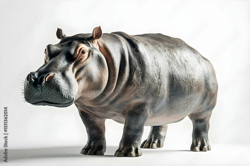 Fototapeta premium A hippopotamus standing calmly, showing thick skin and stubby legs.