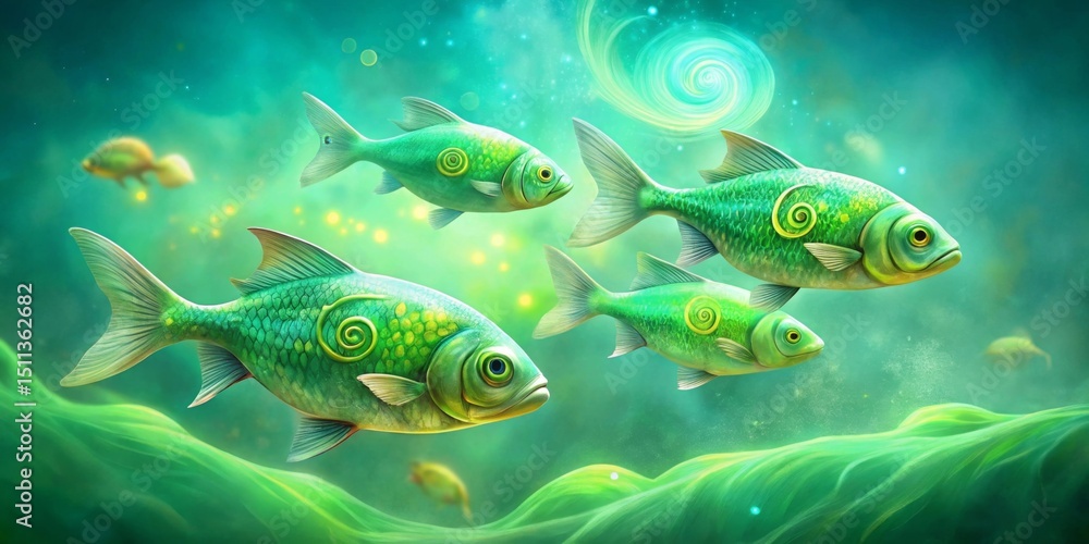 Naklejka premium Enchanted Aquatic Realm Four Gilded Fish Swim in a Serene Underwater Paradise with Whimsical Green Flora and Glowing Particles