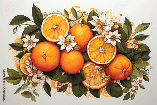 Oranges and poppies, vintage fruit illustration by Percy J. Callowhill Lith. Oranges and poppies still life art element illustration, vintage fruit design on white background.