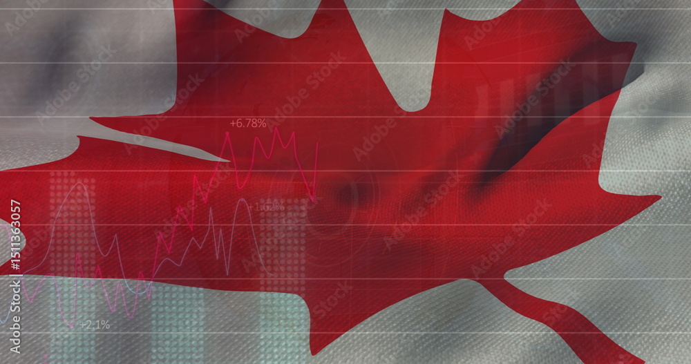 Naklejka premium Image of statistical data processing against canada flag in background