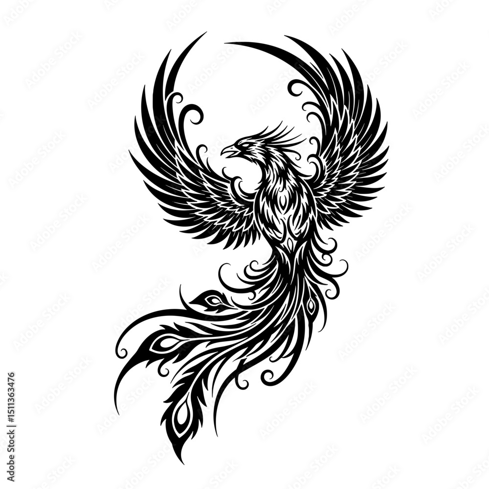 Fototapeta premium Ornate phoenix illustration with intricate feather details in black 