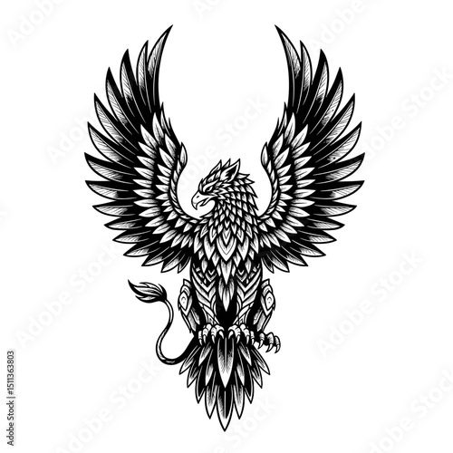 Black and white stylized griffin with detailed wings and body  