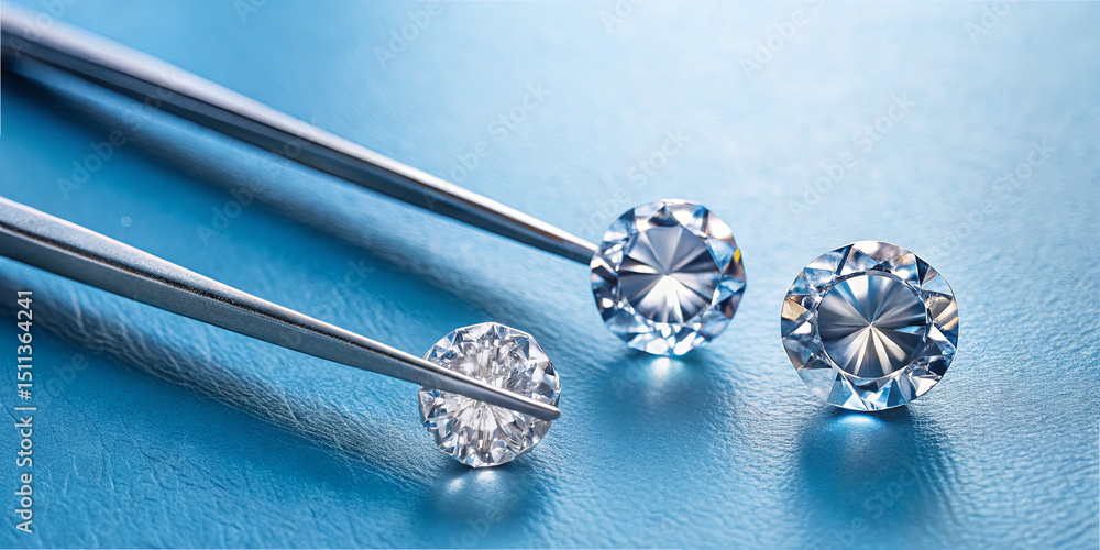 Two sparkling diamonds sit on a blue surface while a pair of tweezers showcases one diamond's clarity and brilliance. The background emphasizes the gems' facets and shine Two sparkling diamonds sit on a blue surface while a pair of tweezers showcases one diamond's clarity and brilliance. The background emphasizes the gems' facets and shine