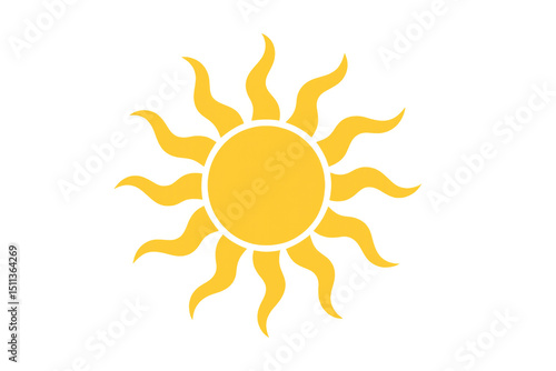 Vibrant yellow sun radiating curved rays against transparent backdrop, symbolizing summer warmth and dynamic energy