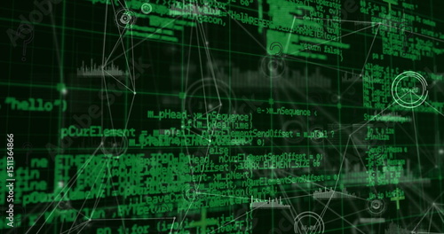 Image of connections and data processing on black background