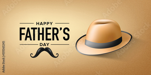 Minimalist Father's Day Greeting Background with Brown Hat and Mustache on Beige Canvas Texture for Card Design and Social Media Post