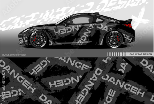 Illustration vector grahic of Car wrap decal with abstract label danger design. Black grey colour. Livery car editable. Mockup template sticker vinyl for racing, rally, or daily use.