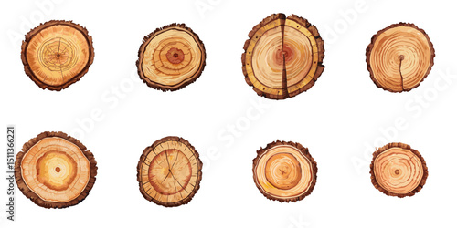 Multiple vector illustrations sliced wood, annual rings, watercolor style
