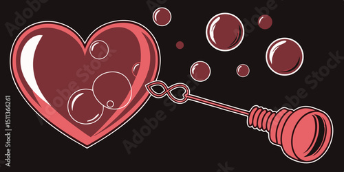 Realistic transparent red vector soap bubble shaped as heart. Romantic glossy soapy heart. Valentine day symbol. black background.