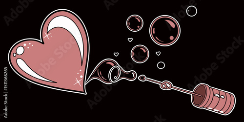Realistic transparent  pink vector soap bubble shaped as heart. Romantic glossy soapy heart. Valentine day symbol. black background.