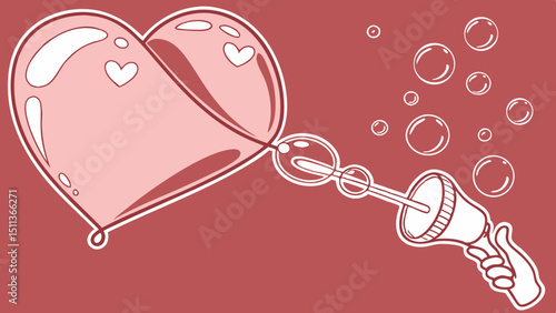 Realistic transparent pink vector soap bubble shaped as heart. Romantic glossy soapy heart. Valentine day symbol. pink background.