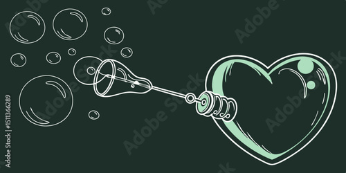 Realistic transparent green vector soap bubble shaped as heart. Romantic glossy soapy heart. Valentine day symbol. black background.