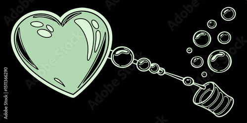 Realistic transparent green vector soap bubble shaped as heart. Romantic glossy soapy heart. Valentine day symbol. black background.
