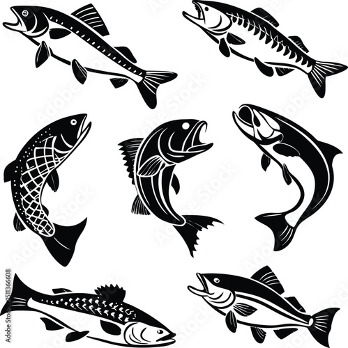 Collection of Fish Silhouettes in Black and White for Fishing or Seafood