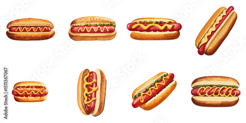 Multiple vector illustrations hot dogs, watercolor style