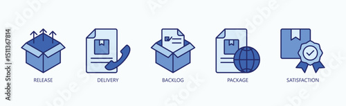 Journey Of Progress Icon Set Isolated Vector With Icon Of Release, Delivery, Backlog, Package, Satisfaction In Blue Style