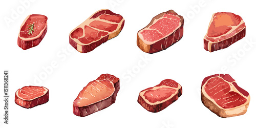 Multiple vector illustrations of raw stake watercolor style