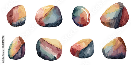 Multiple vector illustrations colorful stones, watercolor style