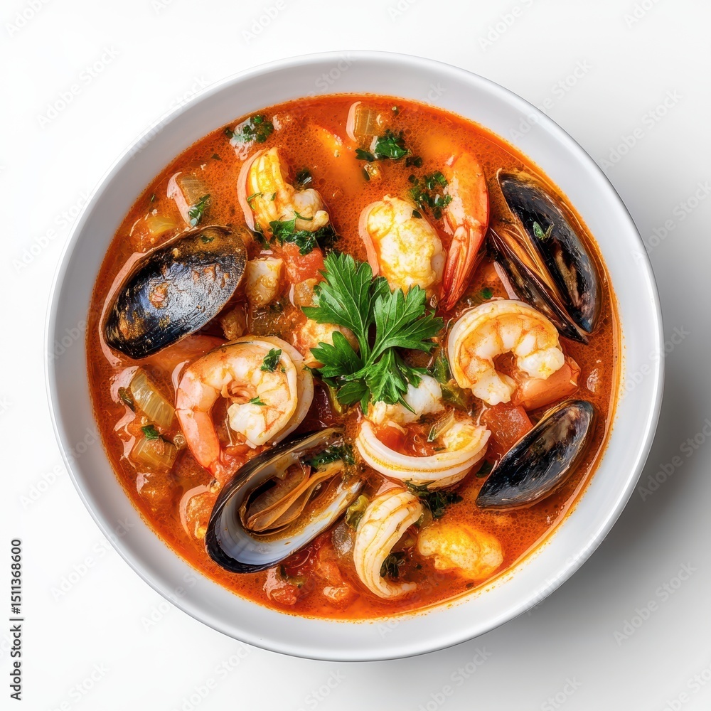 Vibrant Red Seafood Stew in White Bowl,Overhead Shot Vibrant Red Seafood Stew in White Bowl,Overhead Shot