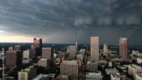 Wallpaper Mural Aerial view of a cityscape under a dramatic cloudy sky with a lightning bolt striking in the distance during a storm. Torontodigital.ca
