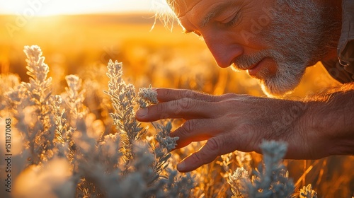 Wyoming sagebrush gently touched by weathered hand during golden hour creating natural texture contrast against warm prairie landscape
