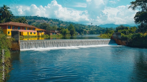 Wallpaper Mural A river transformed into a hydroelectric power source, with a small dam generating energy for nearby homes. Torontodigital.ca