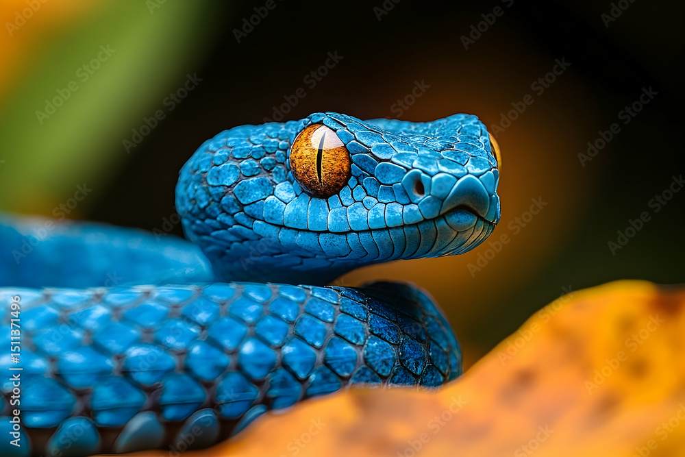 Fototapeta premium Close-up view of a vibrant blue venomous pit viper.