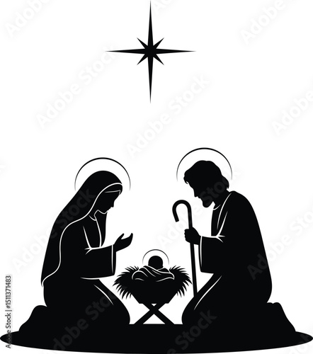 A silhouette illustration of the nativity scene with mary joseph and baby jesus under a shining star