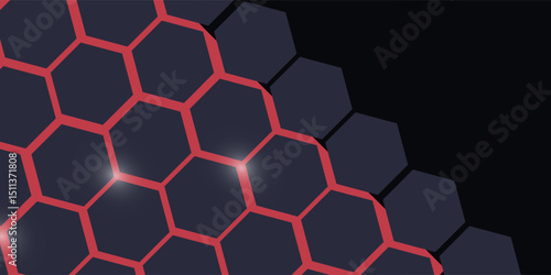 Dark gray and red horizontal hexagonal technology abstract vector background. red bright energy flashes under hexagon in futuristic modern technology wide banner. Dark gray honeycomb texture grid.