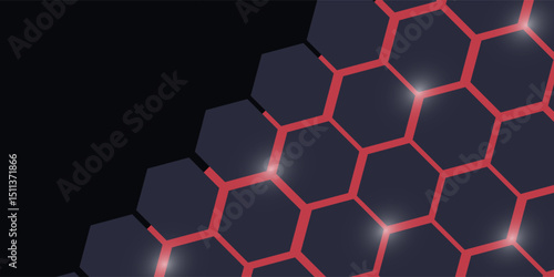 Dark gray and red horizontal hexagonal technology abstract vector background. red bright energy flashes under hexagon in futuristic modern technology wide banner. Dark gray honeycomb texture grid.