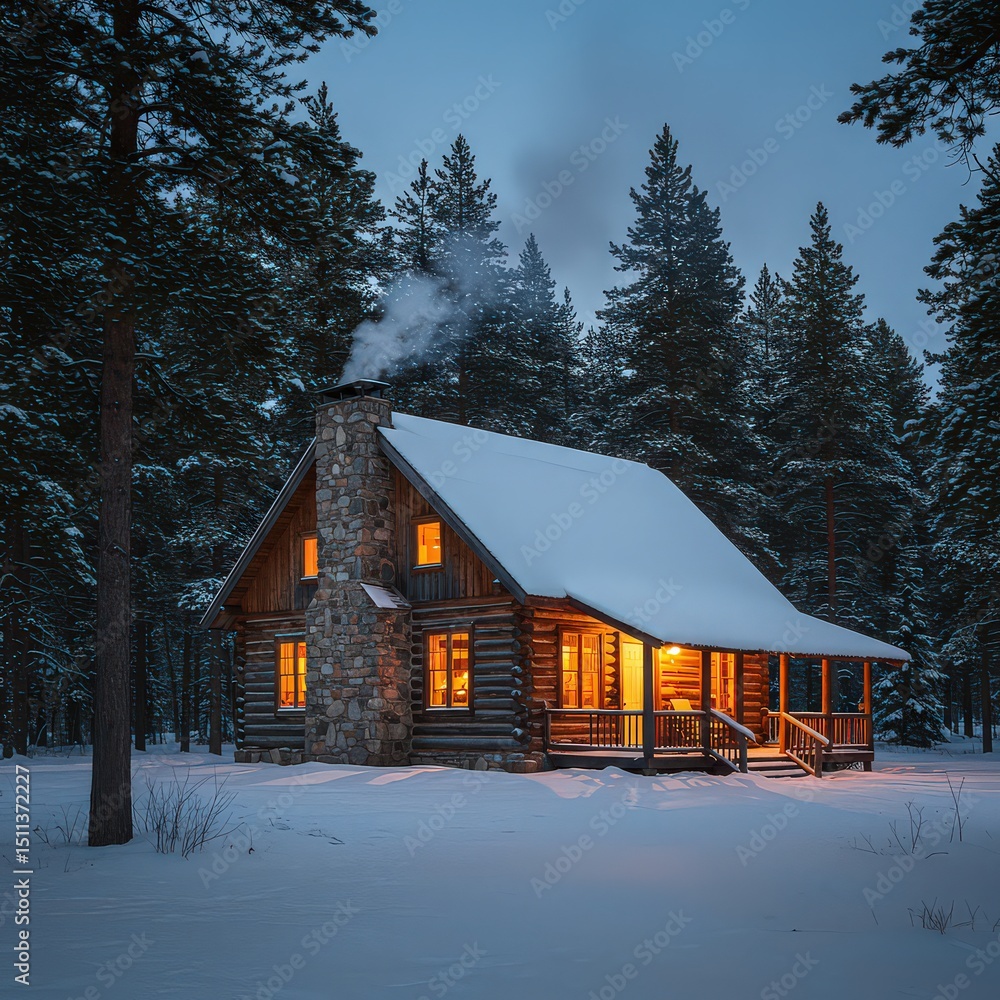 A cozy log cabin nestled in a snowy forest with smoke rising from the chimney at dusk in winter scene A cozy log cabin nestled in a snowy forest with smoke rising from the chimney at dusk in winter scene