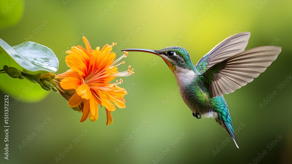 Fototapeta premium A hummingbird hovers near a vibrant orange flower.