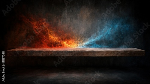 Dramatic Dark Wooden Shelf with Fiery Orange and Icy Blue Effects Perfect for Product Display or Fantasy Background