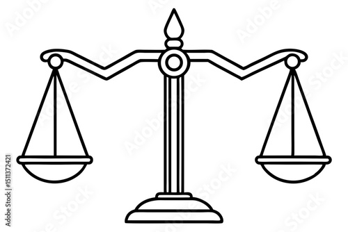 Minimalistic Black and White Illustration of the Scales of Justice Symbol Featuring a Stylized, Balanced, and Symmetric Design Ideal for Legal, Courtroom, Law Firm, and Justice-Themed Visual Concepts
