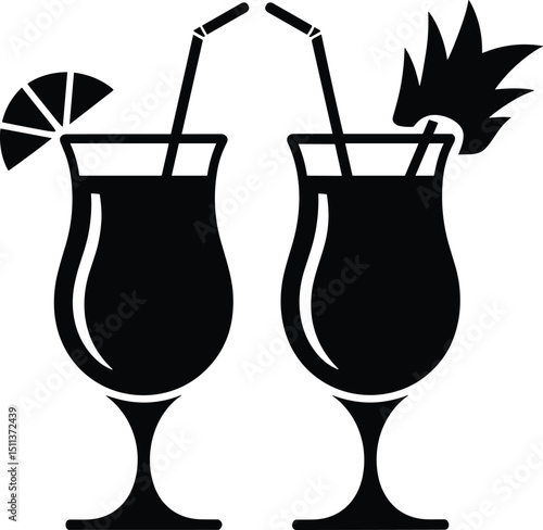 Black silhouette vector of two piña colada glasses on white background
