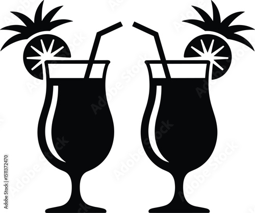 Black silhouette vector of two piña colada glasses on white background