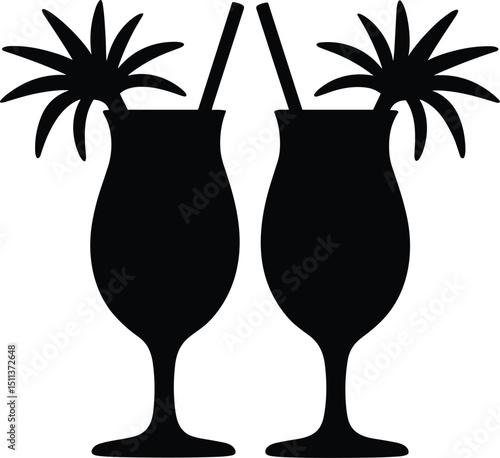 Black silhouette vector of two piña colada glasses on white background