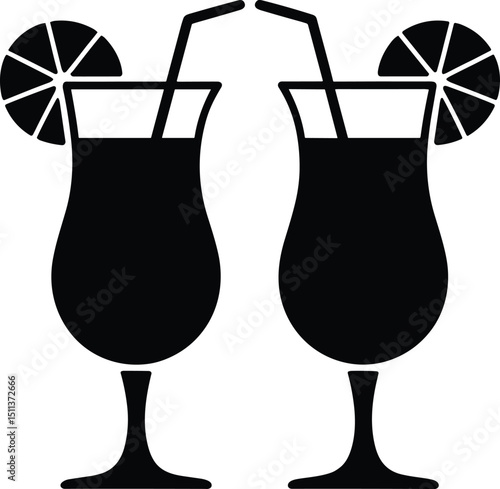 Black silhouette vector of two piña colada glasses on white background