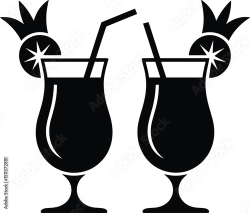 Black silhouette vector of two piña colada glasses on white background