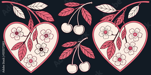 Cute Heart-Shaped Cherries on black Background. Simple Hand Drawn Vector Illustration Perfect For Poster, Card, Invitation, T-shirt Print, Playroom Wall Hanging Or Valentine’s Day Greeting Card.