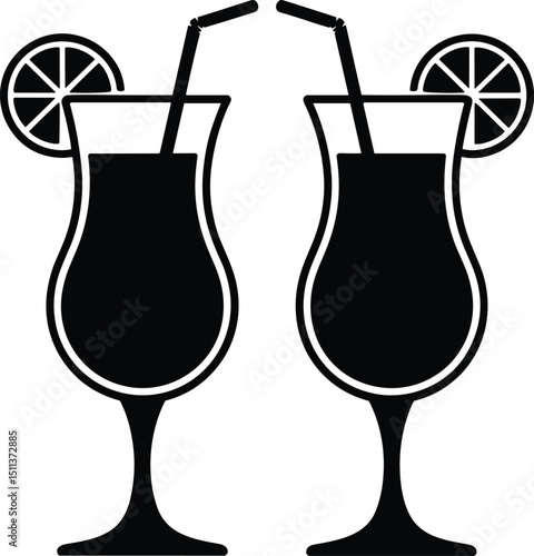 Black silhouette vector of two piña colada glasses on white background