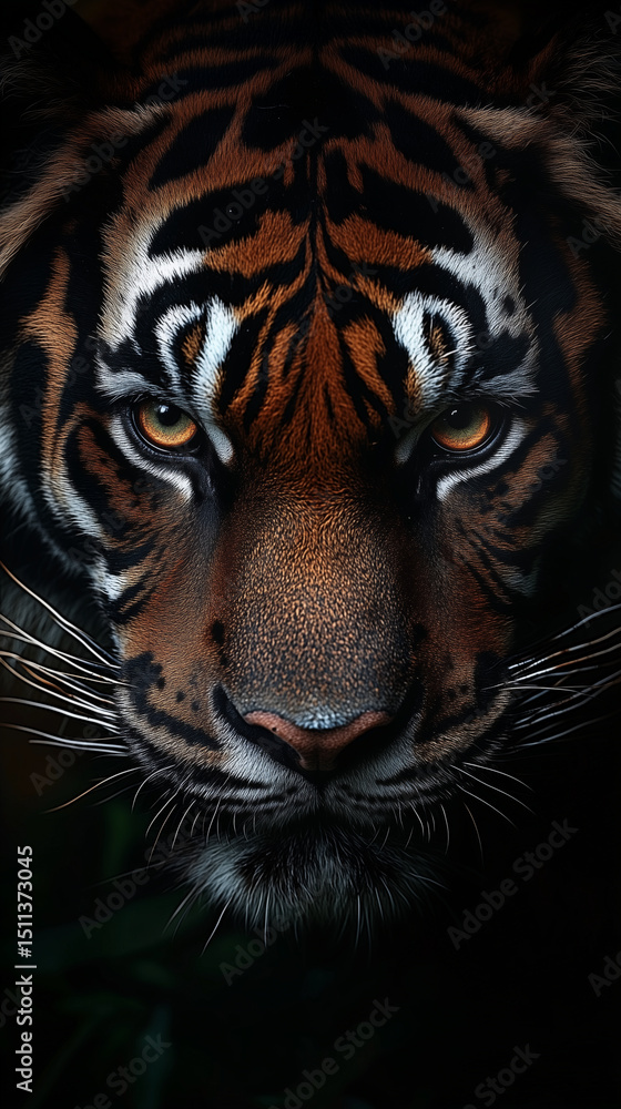 Naklejka premium Close-up portrait of a majestic tiger with intense eyes, showcasing its beautiful fur and powerful presence in the wild